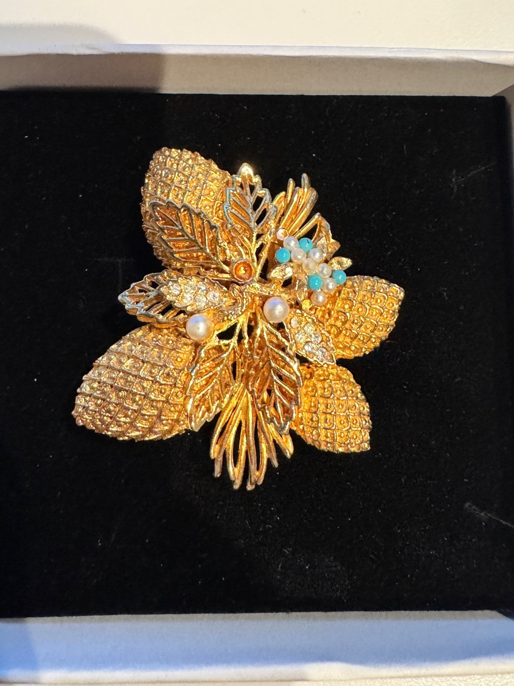 Vintage Gold Floral Leaf Brooch with Pearls and Turquoise Accents -